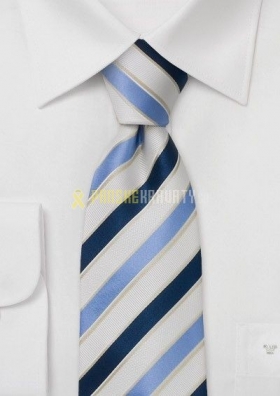 Úzka kravata s modro, bielo zlatým pruhovaním